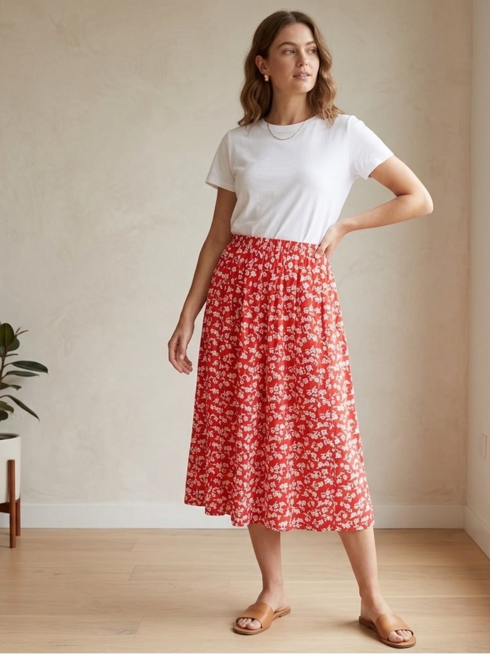 Vintage Koret Red and White Floral A-Line Pleated Long Skirt, women’s Size 8